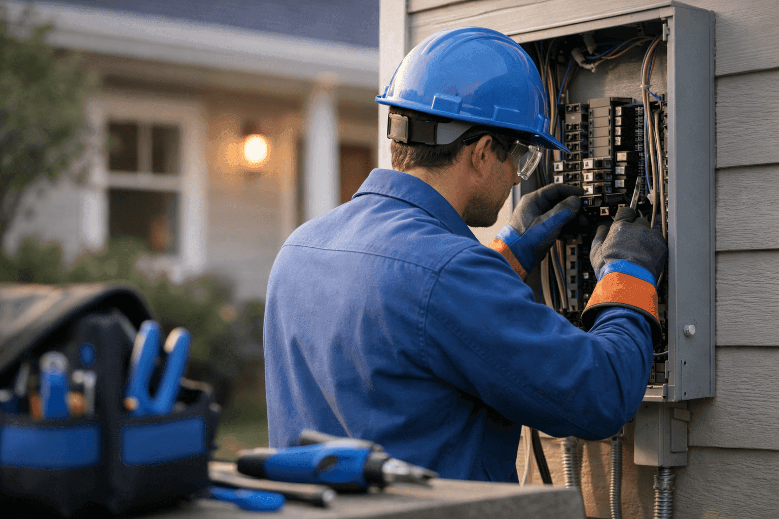 Residential electrician wearing safety gear wiring breaker panel outside a suburban home
