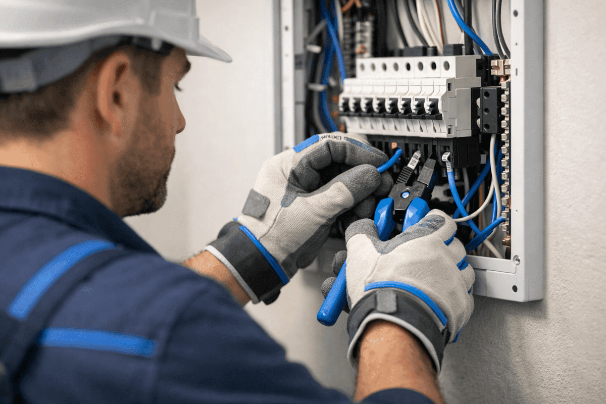 Close-up of electrician’s gloved hands wiring residential electrical panel with blue tools